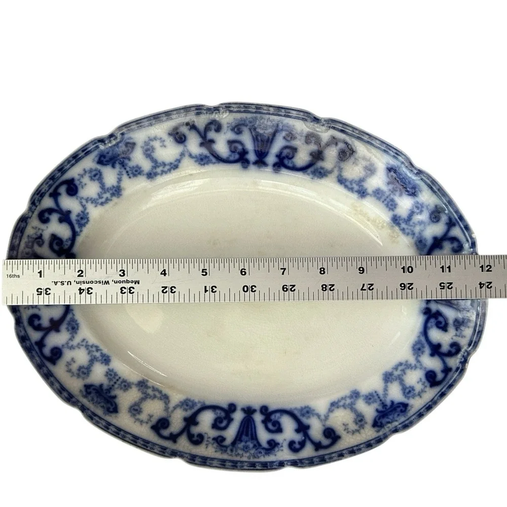 Antique W H GRINDLEY Denton Flow Blue Platter England 1800s Scalloped Edge